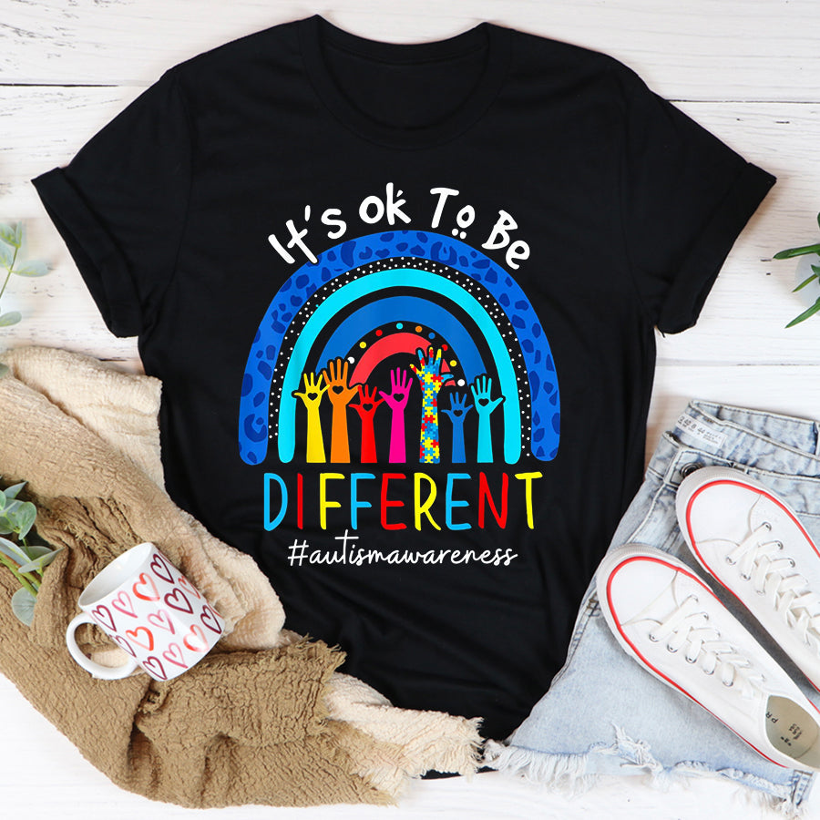 Autism Awareness Shirt It&#39;s Ok To Be Different Autism Awareness Leopard Rainbow T-Shirt Autism Ribbon Shirts