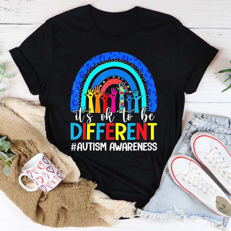 Autism Awareness Shirt It&#39;s Ok To Be Different Autism Awareness Leopard Rainbow T-Shirt Autism Ribbon Shirts