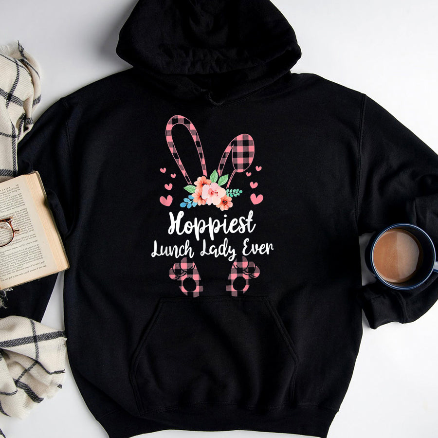 Easter Shirt Hoppiest Lunch Lady Ever Leopard Women Girl Easter Day Bunny T-Shirt Funny Easter Gift For Girls and Women