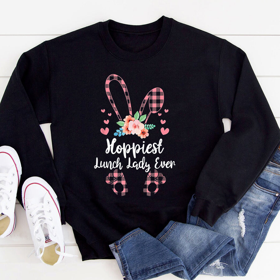 Easter Shirt Hoppiest Lunch Lady Ever Leopard Women Girl Easter Day Bunny T-Shirt Funny Easter Gift For Girls and Women