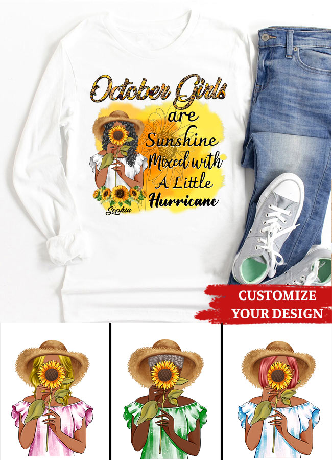 Sunshine Mixed With A Little Hurricane - Personalized shirt - Birthday Gift For Girl, Woman, Hippie, Country Girl - Sunflower Girl. October Birthday Shirt, October Birthday Gifts