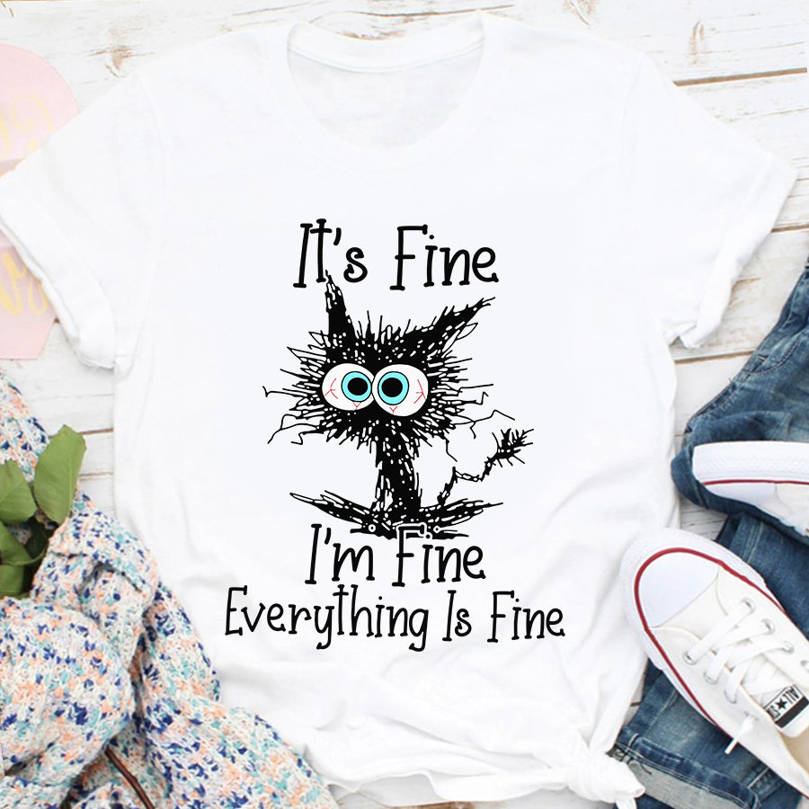 I&#39;m Fine Everything Is Fine cat shirts, Funny cat Shirt, Cat Lover Gift, Cool cat unisex cotton t shirt