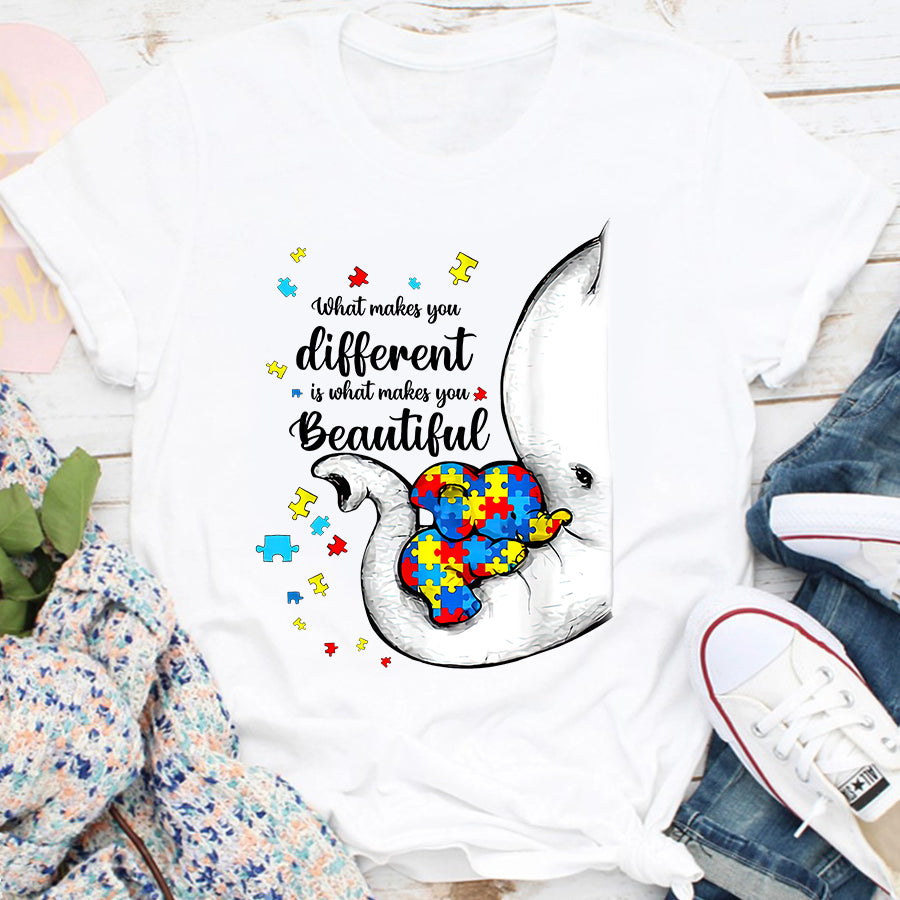 What Makes You Different Elephant Mom Autism Child Awareness T-Shirt Autism Awareness Shirt For Women