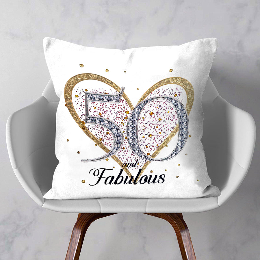 50th Birthday Gift Milestone Cushion-50 and Fabulous White Super soft Cushion Cover