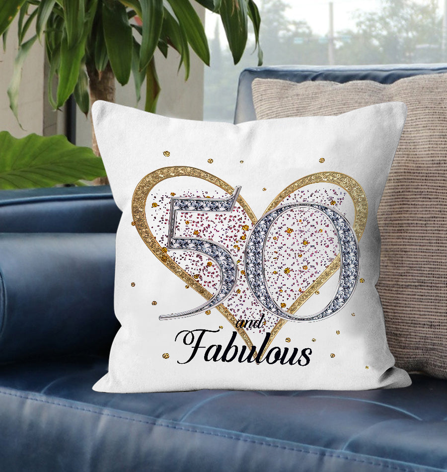 50th Birthday Gift Milestone Cushion-50 and Fabulous White Super soft Cushion Cover