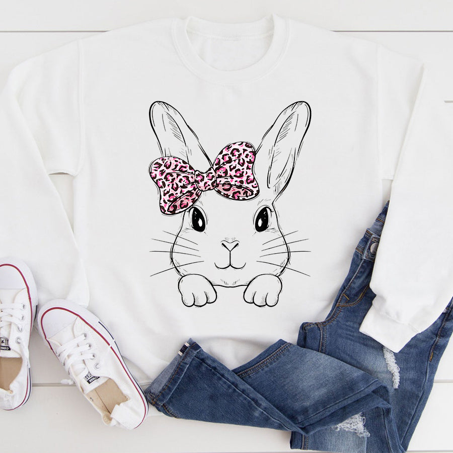 Easter Shirt Cute Bunny Face Leopard Bow Tie Easter Day T-Shirt Funny Easter Gift For Girls and Women
