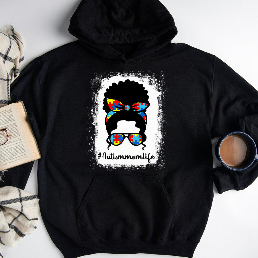 Autism Mom Shirt Bleached Autism Mom Life Autism Awareness Black Afro Messy Bun T-Shirt Mothers Day Shirts for Women
