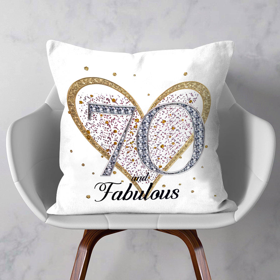 70th Birthday Gift Milestone Cushion-70 and Fabulous White Super soft Cushion Cover
