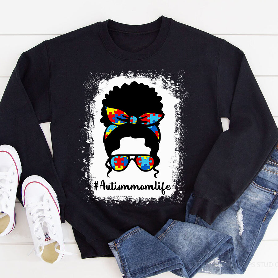 Autism Mom Shirt Bleached Autism Mom Life Autism Awareness Black Afro Messy Bun T-Shirt Mothers Day Shirts for Women
