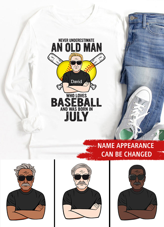 Custom Birthday Shirt for Man, Legends Are Born In July, Never underestimate an old Man Who loves Baseball and was born in July, Birthday Gifts For Him, July Shirt For Him