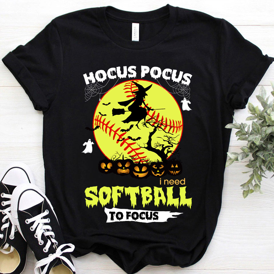 Hocus pocus I need softball to focus halloween t shirt, Funny Witch shirts, softball halloween shirt, Unisex cotton t shirt