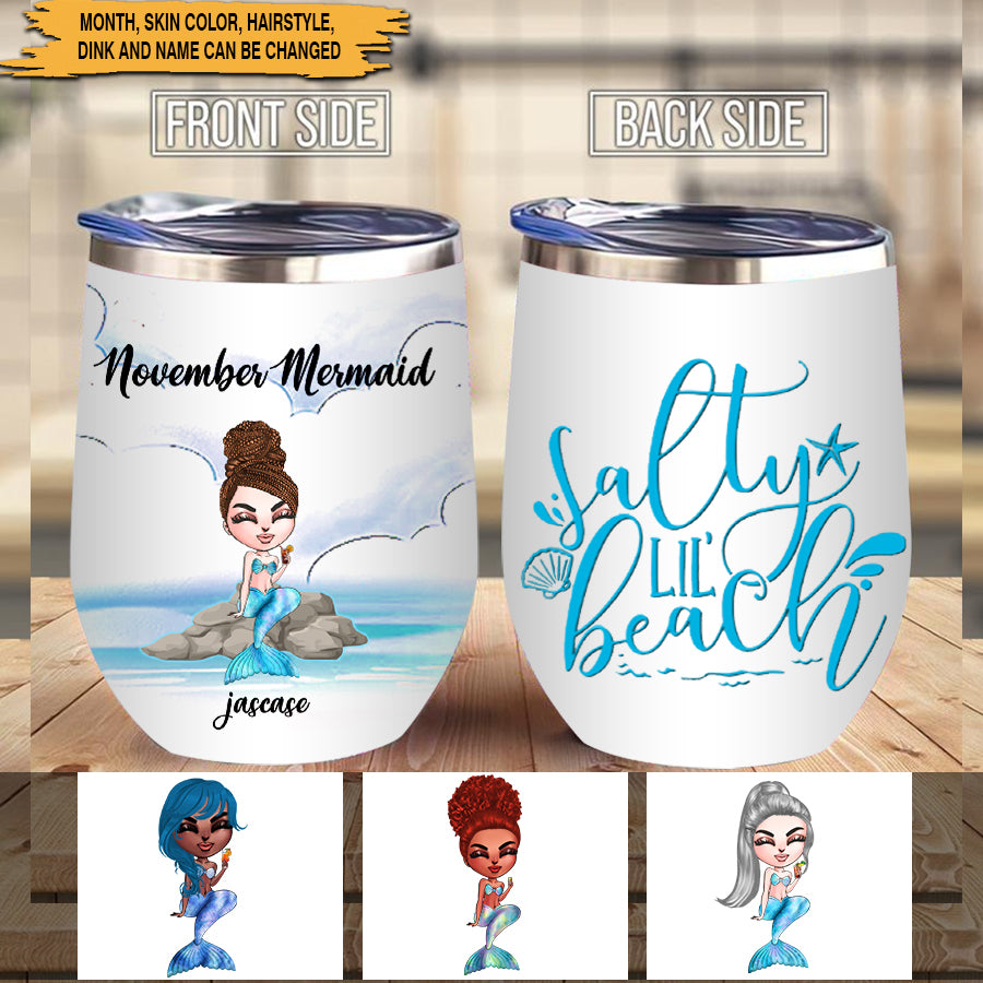 Salty Beach Wine Custom Wine Tumbler, Gift For Beach Lovers, Wine Lovers, Mermaid Lovers, Month can change