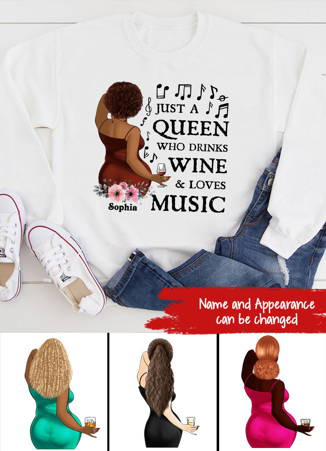 Just A Queen Loves Music &amp; Wine, Personalized Shirt, Gift For Black Queen, Music Lovers, Wine Lovers
