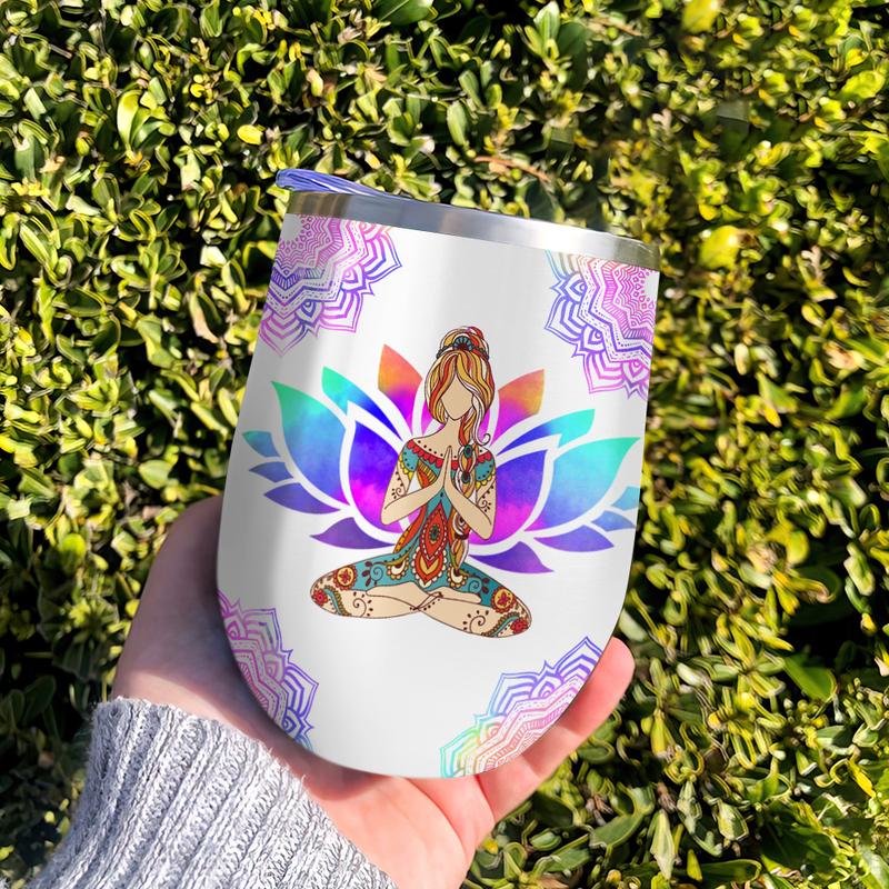 I&#39;m Mostly Peace Love And Light Yoga Wine Tumbler, Yoga Queen Mandala Hippie, Gift For Yoga Lovers